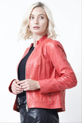 Kurze Damen Lederjacke mit Stehkragen Lammnappa rot, Leder Schmidt Online