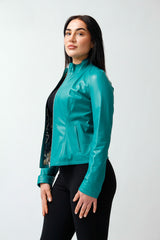 Kurze Damen Lederjacke Lammnappa zum wenden in Türkis in Leipzig