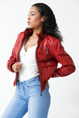 Kurzes Damen Lederjacken Blouson Lammnappa rot vintage Look mit Stoffbündchen