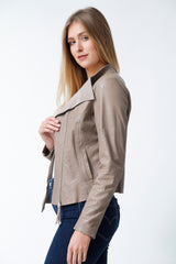 Dünne Damenlederjacke in Toupe Lammnappa Crashoptik und innen mit Teilfutter