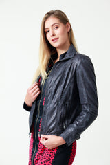 Kurze Damen Lederjacke Lammnappa in dunkel Blau vintage Look antik