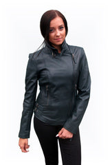 Kurze Damen Biker Style Lederjacke aus echtem Lammnappa in Petrol