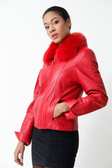 Kurze Damen Lederjacke tailliert aus Lammnappa Rot mit Blaufuchskragen abnehmbar