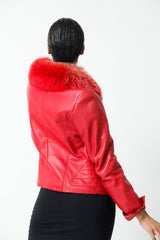 Kurze Damen Lederjacke tailliert aus Lammnappa Rot mit Blaufuchskragen abnehmbar