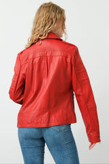 Damen Biker Lederjacke Rot Lammnappa mit Steppnähte und viele Zipper
