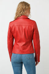 Damen Biker Lederjacke Rot Lammnappa mit Steppnähte und viele Zipper