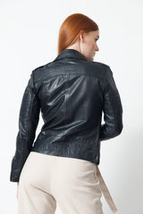 Damen Biker Lederjacke schwarz Lammnappa mit Steppnähte und viele Zipper