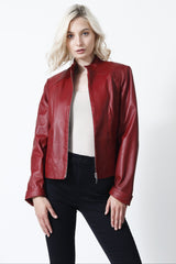 Kurze Damen Lederjacke in Lammnappa rot mit Stehkragen und Reißverschluss