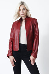 Kurze Damen Lederjacke in Lammnappa rot mit Stehkragen und Reißverschluss