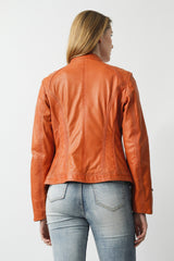 Damen Lederjacke mit taillierter Passform aus Lammnappa orange mit Stehkragen