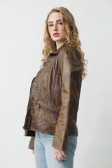 Kurze Damen Lederjacke in Teakwood Braun vintage Look aus Lammnappa