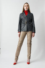 Graue Damen Lederjacke mit Gürtel in Lammnappa in crash-Optik