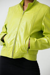 kurze Damen Lederjacke aus Lammnappa in Neongrün mit Stehkragen