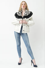 Weiß schwarze Damen Lederjacke aus Lammnappa mit Kanin gefüttert