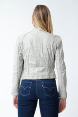 Kurze Bikerstyle Damen Lederjacke aus Lammnappa ivory tailliert mit Stehkragen