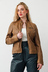 kurze Damen Lederjacke in roast braun und Stehkragen mit Brustasche