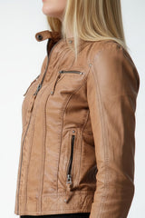 Kurze Damen Lederjacke aus Lammnappa Cognac im Vintage Look tailliert