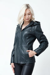 Kurze Damen Lederjacke aus Lammnappa Petrol mit Kapuze abtrennbar
