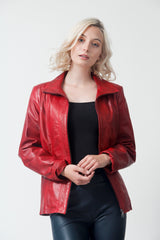 Kurze duenne Damen Lederjacke aus Lammnappa rot tailliert ohne Wattierung