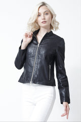 Kurze Damen Lederjacke mit Stehkragen Lammnappa schwarz zwei wege-reißverschluss