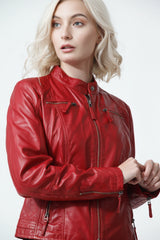 Coole Damen Biker Lederjacke in Lammnappa rot tailliert und Stehkragen