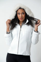 Kurze weiße Damen Lederjacke in Lammnappa mit Kapuze und Blaufuchsrand