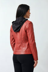 Damen echte Bikerstyle Lederjacke, Lammnappa red tailliert vintage Look mit Stoffkapuze