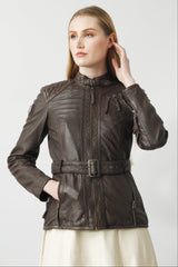 Halblange echte Damen Bikerstyle Lederjacke in Lammnappa in Braun mit Gürtel