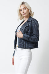 Kurze Damen Biker Lederjacke in Lammnappa Jeansblau im vintage Look