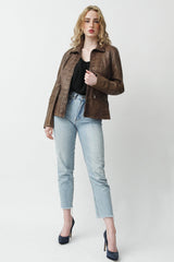 Kurze Damen Lederjacke in Teakwood Braun vintage Look aus Lammnappa