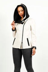 Damen echte kurze Lederjacke in Lammnappa mit Baumwollkapuze in beige schwarz tailliert