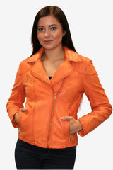 Kurze orange Damen Lederjacke Lammnappa im Bikerlook mit Vintage Look