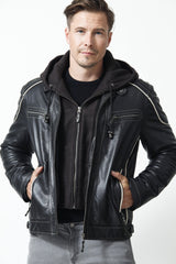 Echte Herren Biker Style Lederjacke Lammnappa schwarz mit Kapuze