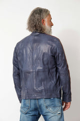 Herren Lammnappalederjacke Daytona Blau mit Kontraststreifen weiss rot und Stehkragen