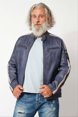 Herren Lammnappalederjacke Daytona Blau mit Kontraststreifen weiss rot und Stehkragen