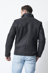 Warme Herren Lammfelljacke in dunkel Grau mit Stehkragen aus Merinolamm