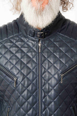 Kurze Herren Lederjacke aus gesteppten Lammnappa in Blau mit Stehkragen