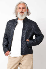 Kurze Herren Lederjacke aus gesteppten Lammnappa in Blau mit Stehkragen