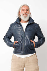 Kurze Herren Lederjacke aus Lammnappa in Dark Blue washed wattiert