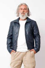 Kurze Herren Lederjacke aus Lammnappa in Dark Blue washed wattiert