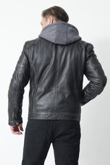 Herren Biker Lederjacke mit Kapuze Lammnappa in schwarz, sportlich, stehkragen
