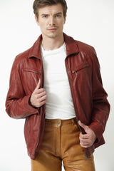 Herren Lederjacke Lammnappa in d.Rot-hochschließbar-Leder Schmidt Online-Leipzig