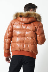 Herren Daunenlederjacke aus Lammnappa orange mit abnehmbarer Kapuze mit Finnraccoonstreifen
