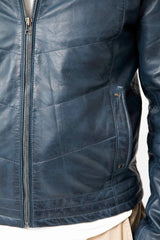 Kurze Herren Lederjacke aus Lammnappa in Dark Blue washed wattiert