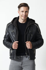 Herren Biker Style Lederjacke Lammnappa schwarz mit weiß und abnehmbarer Kapuze
