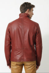 Herren Lederjacke Lammnappa in d.Rot in Vintage Look hochschließbar