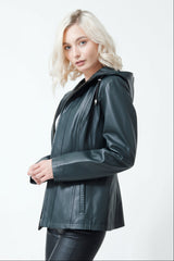 Kurze Damen Lederjacke aus Lammnappa Petrol mit Kapuze abtrennbar