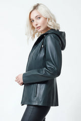 Echte kurze Damen Lederjacke aus Lammnappa Petrol mit Kapuze abtrennbar