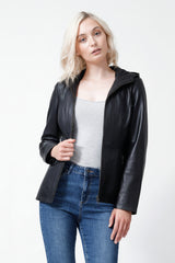Kurze Damen Lederjacke aus Lammnappa schwarz mit Kapuze abtrennbar
