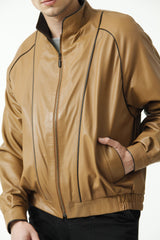 Herren Lederblouson aus Lammnappa in Cognac mit Stehkragen und Farbkontrast